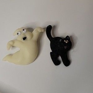 Vintage Halloween Pins or Brooches- Ghost and Black Cat